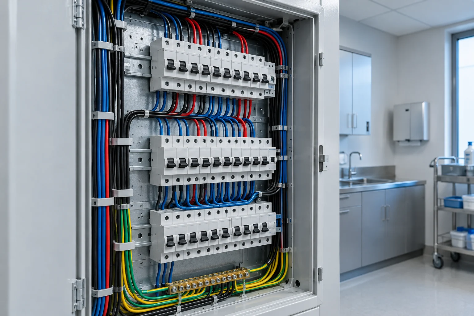 Tablero eléctrico en un área de instalaciones — imagen ilustrativa generada con IA